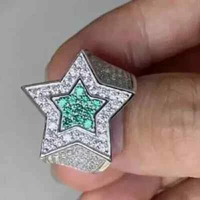 3ct Round Cut Simulated Green Emerald/cz Wedding Men's Ring 14K White Gold Over - Image 1 of 4