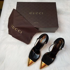 Gucci Womens Suede/Kidskin Strappy Gold Toe T-Strap Heels Black Size 37 - Picture 1 of 18