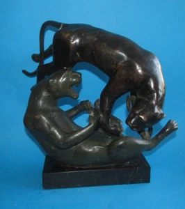 STATUE SCULPTURE EN BRONZE ANIMALIER panthers Panthères ART DECO bronze h 28cm - Imagen 1 de 7