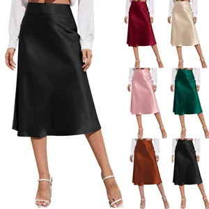 Womens High Waist Midi Skirt Solid Satin Dress Zipper Elegant Summer Skirts - Picture 1 of 43