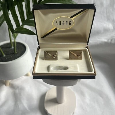 vintage Swank brushed gold-tone geometric W/ Small Red Rhinestone cufflinks - Image 1 of 4
