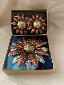 Vintage Orange/Silver/Gold Glittered Flower Brooch &  Matching Clip Earrings - Picture 1 of 12