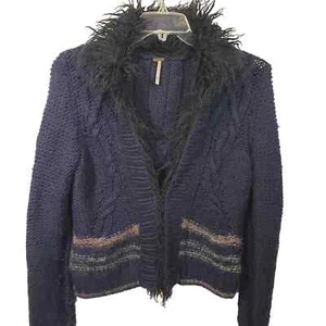 Free People Sweater M Faux Fur Collar Navy North Star Cable Knit Cardigan - Picture 1 of 12