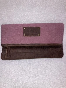 LL Bean Clutch Handtasche Foldover rosa mauve Canvas braun abgenutzt Leder - Bild 1 von 6