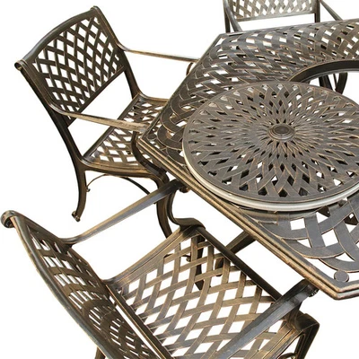 Juego de comedor hexagonal de celosía de 63 pulgadas con Lazy Susan y seis juegos de 7 piezas de bronce Foto 1 de 4