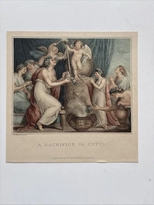Antiguo grabado de mujeres haciendo una ofrenda a Cupido, el dios del amor 1783 Foto 1 de 4