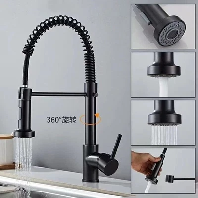 Black Kitchen Mixer Tap Pull Out Spray 360° Swivel Sink Faucet + Hose - Image 1 of 4