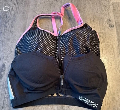 Victoria's Secret Zip Front Sparkle Sports Bra 34C VSX Sport Bra Black Mesh 34C  - Image 1 of 4