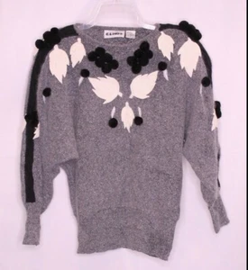 VINTAGE G LONDO GREY/OFF-WHITE/BLACK POMPOM ACCENT ROUND NECK SWEATER SZ L #P237 - Picture 1 of 2