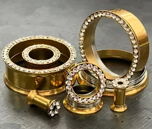 PAIR Gem Rim Gold Double Flare Tunnels Internally Threaded Plugs Earlets Gauges - Picture 1 of 6