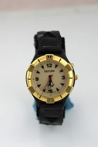Montre Futura Lumaglo homme noir or cuir inoxydable pile WR beige quartz - Photo 1 sur 6