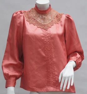Vintage Victorian Style Peach Pink High Neck Lace Trim Blouse Boho Cottagecore H - Picture 1 of 8
