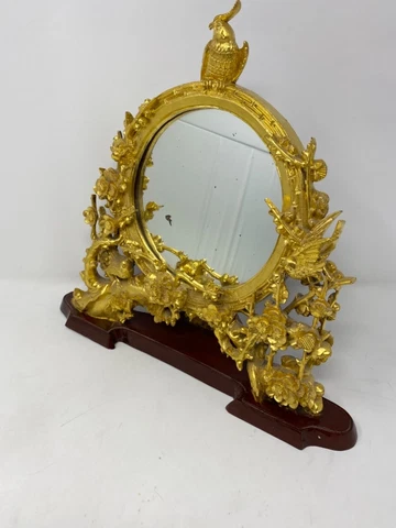 Antique Ornate Mahogany Wood Gilt Gold Vanity Mantle Mirror Carved Cockatoo Bird Cover