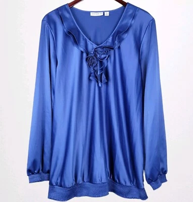 Женская блузка Susan Graver XL синяя шелковистая атласная с оборками топ - Изображение 1 из 4