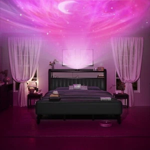 Full/Queen Size Bed Frame with Starry Sky Lights and Storage Drawer - Picture 1 of 23