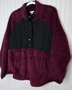 Maurices Womens FLEECE PULLOVER 1X Burgandy Red Quilted Black Snaps Oversize NEW - Picture 1 of 14