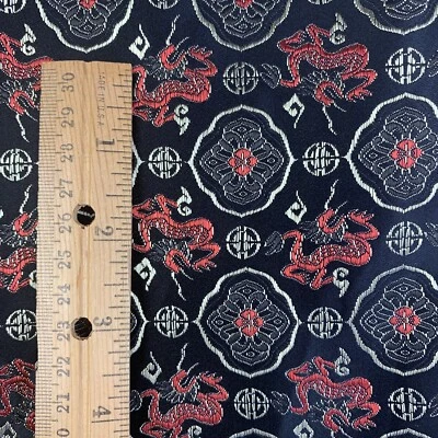 Asian Satin Fabric Shiny Red Dragons Black Background 2.75 Yds X 45” - Image 1 of 4