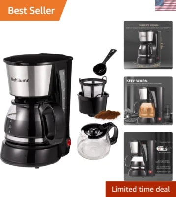 4-5 Cup Drip Coffee Maker with Permanent Filter - Sleek Black & Stainless Steel - Image 1 of 4