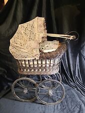 Antique Wicker Stroller Pram Carriage Buggy Lace Top Sleeping Baby