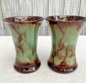 Pair of Vintage EWENNY Studio Pottery Drip Vases - Green & Brown - Picture 1 of 3