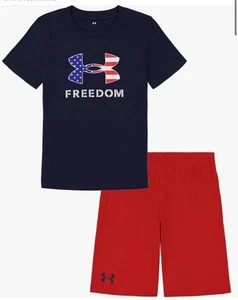 Boys Under Armour Freedom Logo T-shirt & Mesh Shorts Set Red/White/Blue Size 5 - Picture 1 of 5