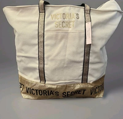 Victorias Secret Carryall Tote Purse Creame Gold Glitter AOP Logo Weekender Bag - Image 1 of 4