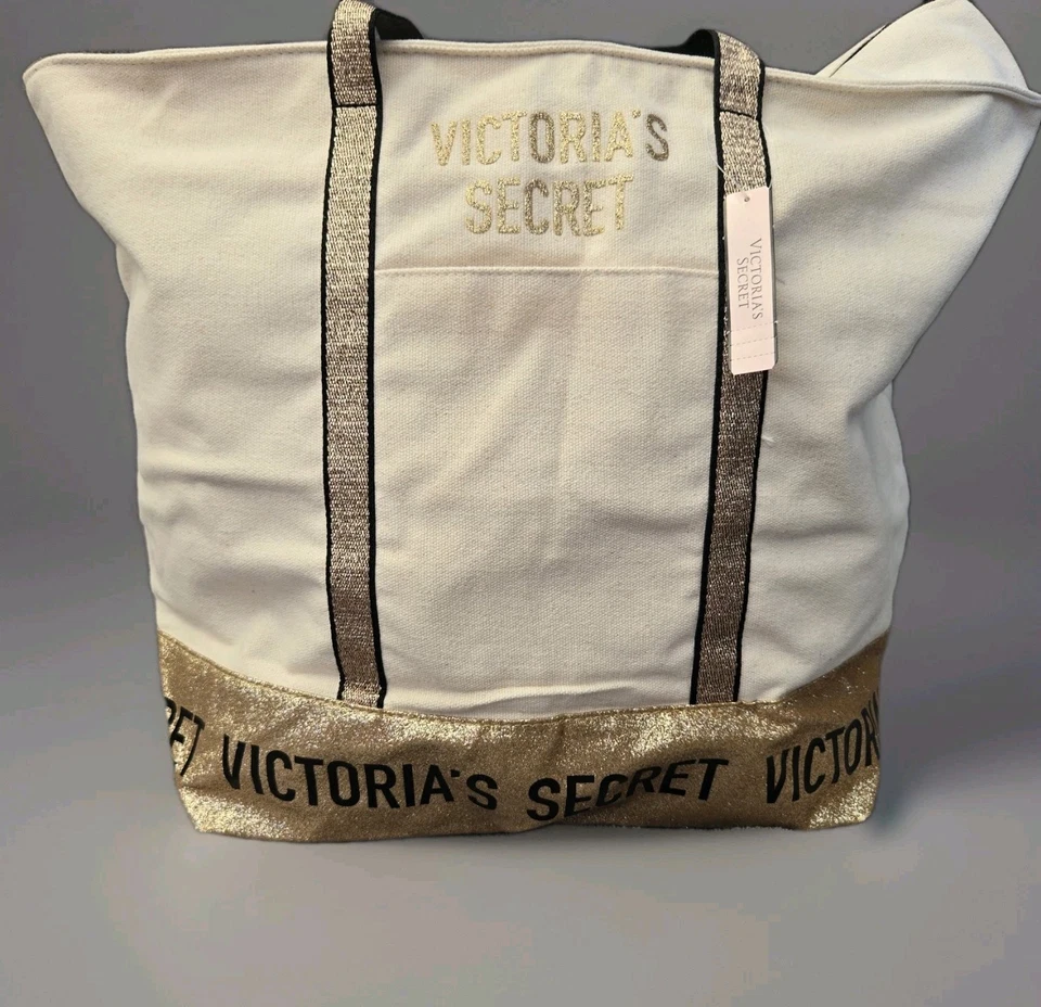 Victoria's Secret Tote Cream White Canvas Gold Sequins Weekender Large Bag