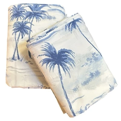 Lote (2) Sábanas Planas Gemelas Pottery Barn Tropical Palma Azul Blanco 100% Algodón $159 Foto 1 de 4