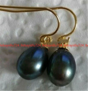 Original natürliche 8-9 mm schwarze Südsee Perle Barock hängende Ohrringe - Bild 1 von 12