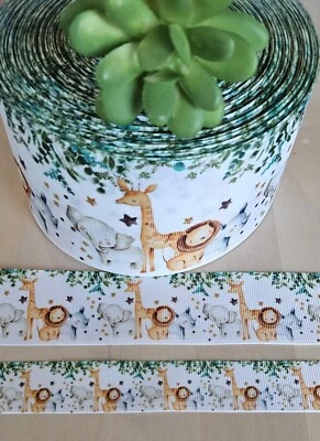 7/8, 1.5 & 3" (1 YD) Jungle Animal Grosgrain Ribbon Elephant Lion Giraffe Rhino - Image 1 of 3