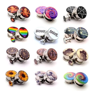 Pair of Screw on Picture Plugs gauges Choose Style and Size 16g thru 1 inch - Picture 1 of 11