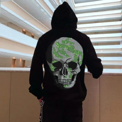 Fashion Skull Rhinestone Hot Drill Diamond Winter Hoodie Men Luxury Sweatshirt - Image 1 of 4