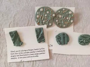 3 Pair Vtg Handmade Artisan Porcelain Post Earrings Spruce Green Abstract 1980s - Picture 1 of 11