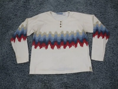 Adobe Rose Shirt Women Large Cream Striped Cotton Henley Shoulder Pads Country * - Image 1 of 4