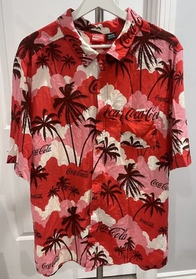Coca Cola Shirt Mens XXL Red White Pink Floral Button Up Short Sleeve Aloha - Image 1 of 4
