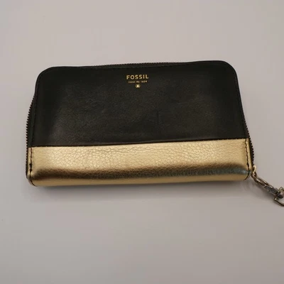 Fossil Sydney Wallet Wristlet Black Metallic Gold Leather Accordion No Strap — 第 1/4 张图片