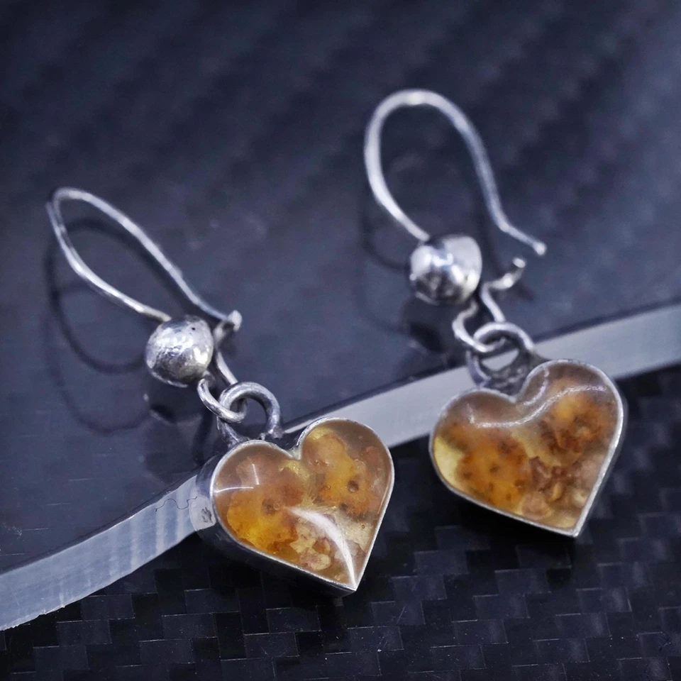 Vintage Mexican sterling silver 925 handmade heart earrings with resin flower - Image 1 of 4