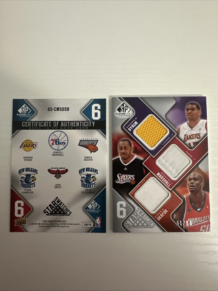 Muestras de 6 estrellas usadas del juego SP 2009/99 Andrew Bynum Donyell Marshall Emeka Okafor Foto 1 de 4
