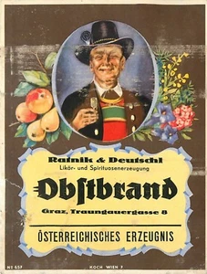 Rainik Deutschl Obftbrand Graz Traungauergasse 8 etiqueta de licor vintage - Imagen 1 de 1