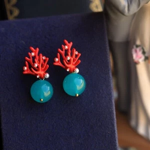 Earrings Gold Coral Red Email Amazonite Turquoise DZ1 - Picture 1 of 8