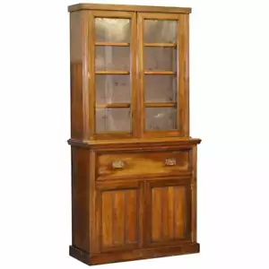 CIRCA 1880 LIGHT MAHOGANY LIBRARY BOOKCASE SECRETAIRE DESK BROWN LEATHER SURFACE - Picture 1 of 12
