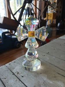 OLEG CASSINI CRYSTAL CUT IRIDESCENT GLASS CROSS PAPER WEIGHT,FIGURINE Signed - Picture 1 of 5