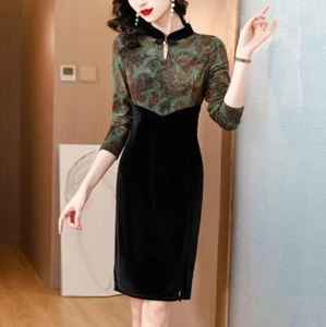 Women's 2023 Fashion Velvet Two Tone Paisley Long Sleeves Cheongsam Dress DID - Picture 1 of 12