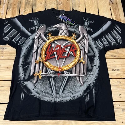 Vtg Y2K New Old Stock Slayer Eagle Liquid Blue AOP Black Graphic TShirt Mens 2XL - image 1 of 4