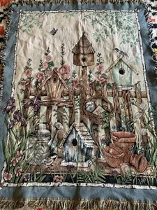 Vintage Tapestry Throw Blanket Birds Cottage Flower Garden  - Picture 1 of 8