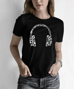 LA Pop Art Women's Word Art Music Note Headphones Black T-Shirt Size XL - Picture 1 of 2