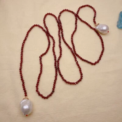 Colar longo de pérolas barrocas brancas cultivadas granada facetada natural joias femininas - Imagem 1 de 4