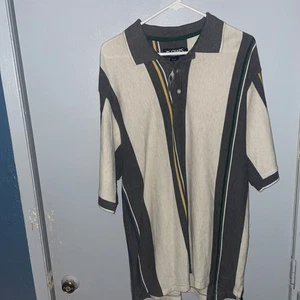Chaps Ralph Lauren Polo Shirt Mens Large Gray Cream Striped Golf Short Sleeve - Picture 1 of 9