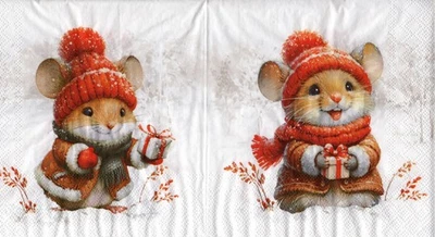 3 Servietten ~ Weihnachten, Tiere, zwei Mäuse in Pelzmänteln mit Geschenk ~33x33 - Bild 1 von 4