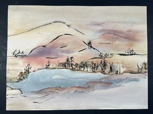 Original Watercolor Landscape Painting 12x16 Serene Lake & Mountain Art Scene - Picture 1 of 11